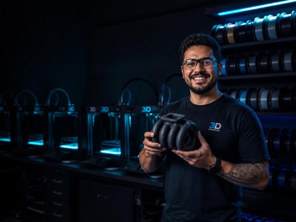Maker sorrindo em uma farm de impressoras 3D segurando uma peça perfeita nas mãos